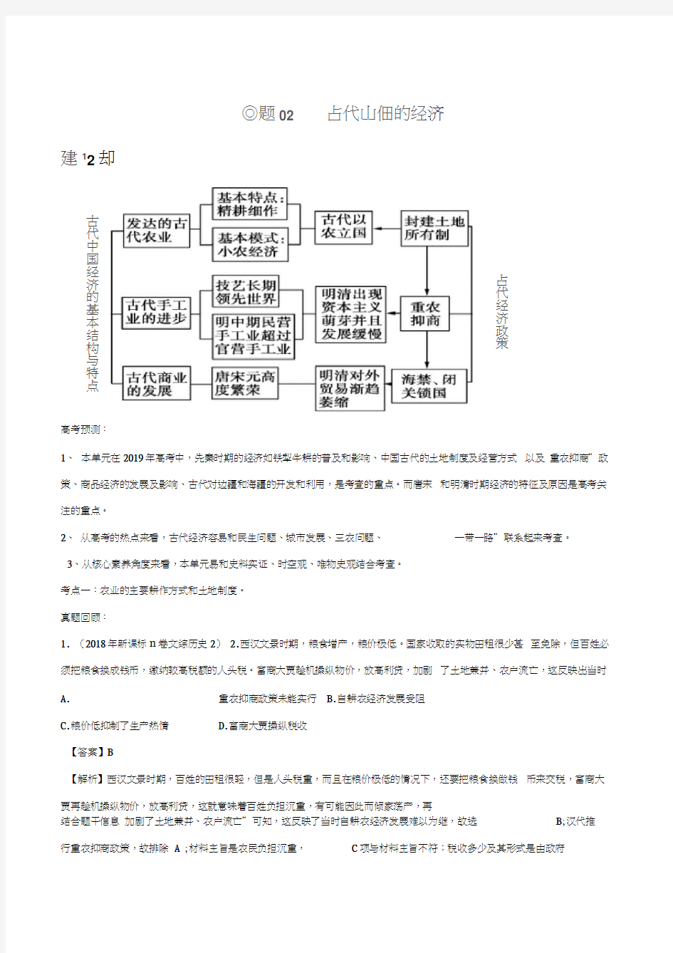 专题02古代中国的经济-2019年高考历史总复习巅峰冲刺