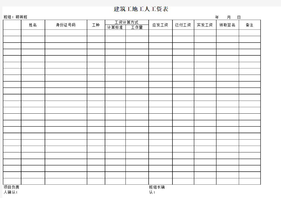 建筑工地工人工资表 