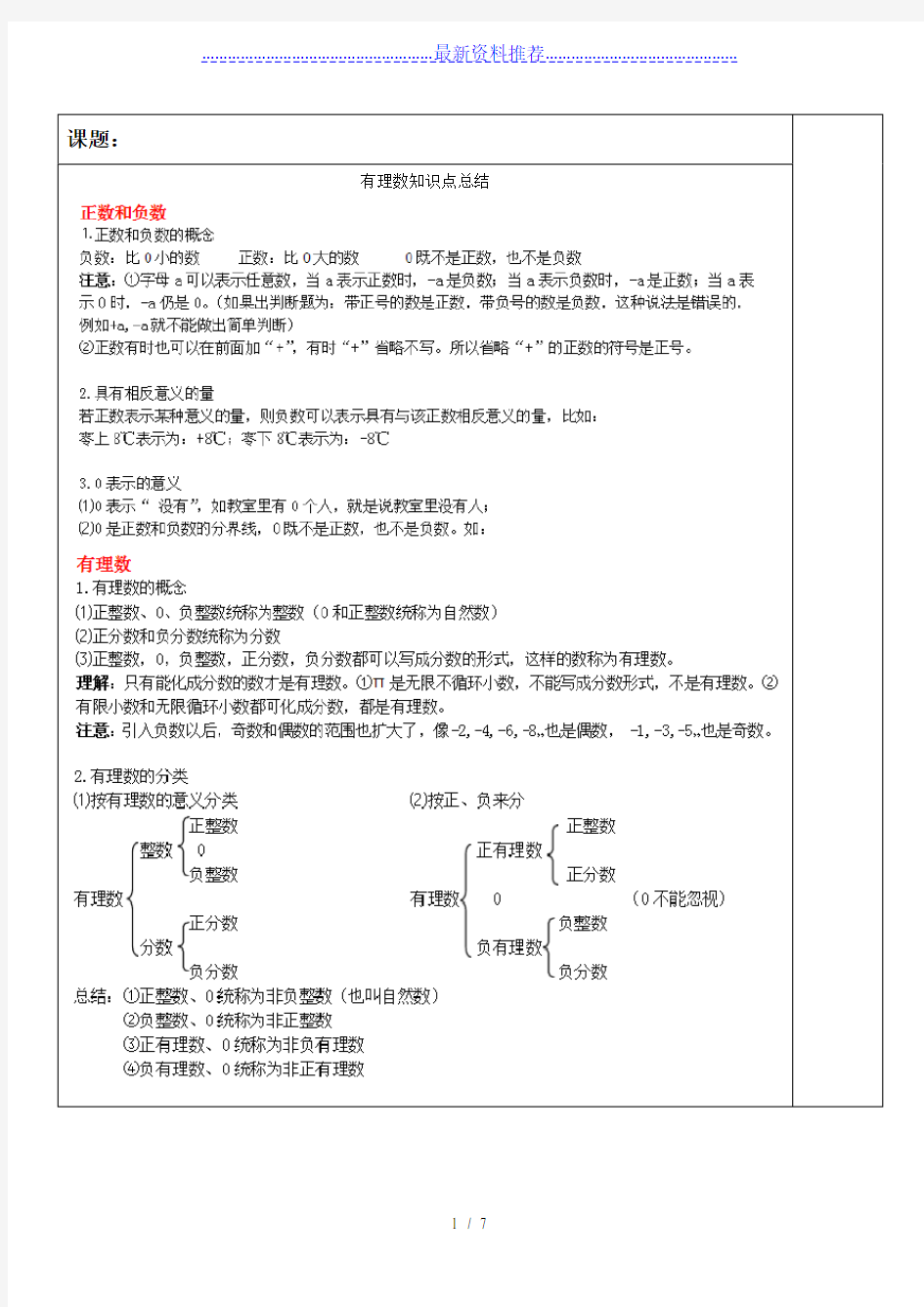 苏科版七年级上册数学有理数知识点总结