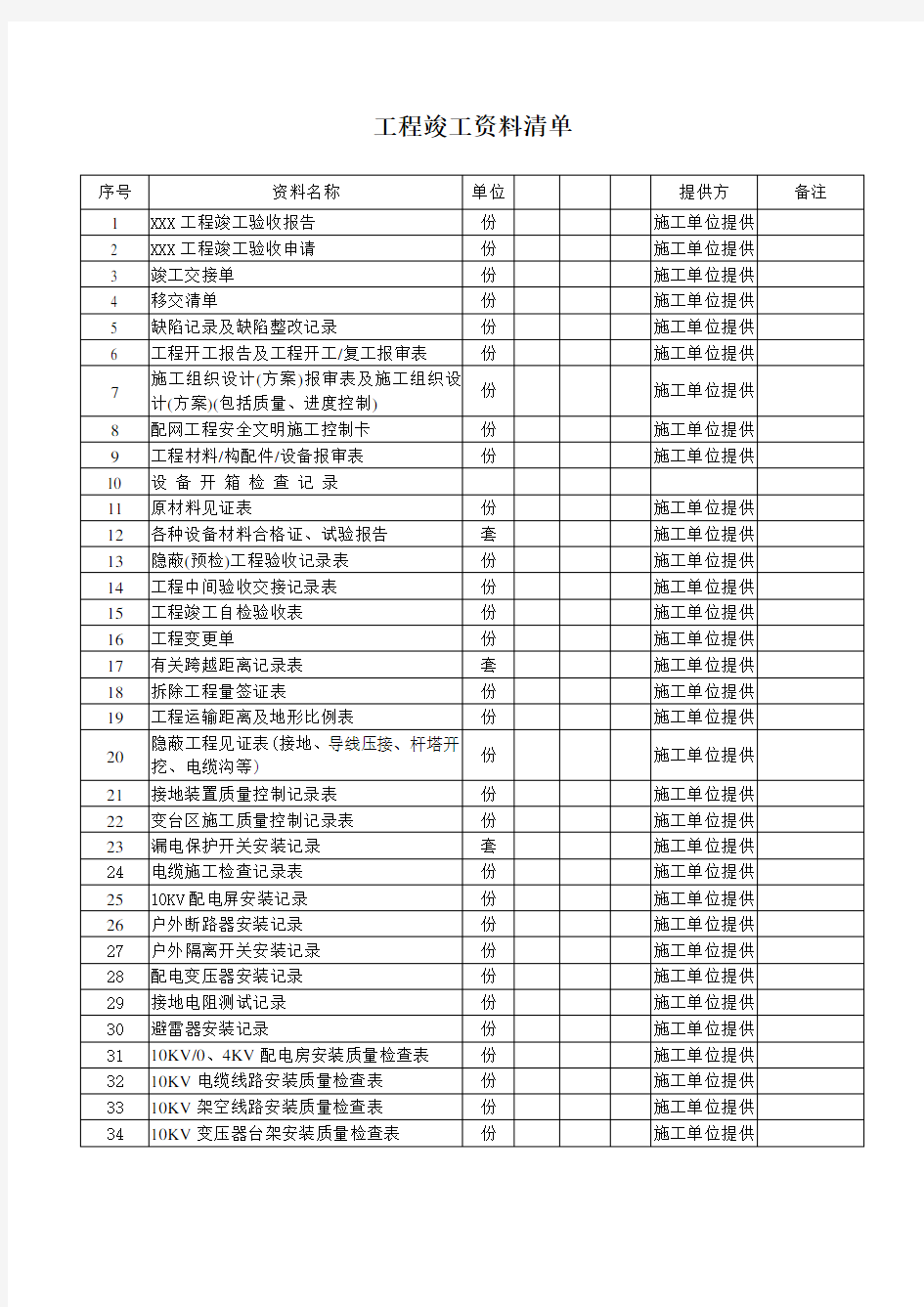 工程全套竣工清单