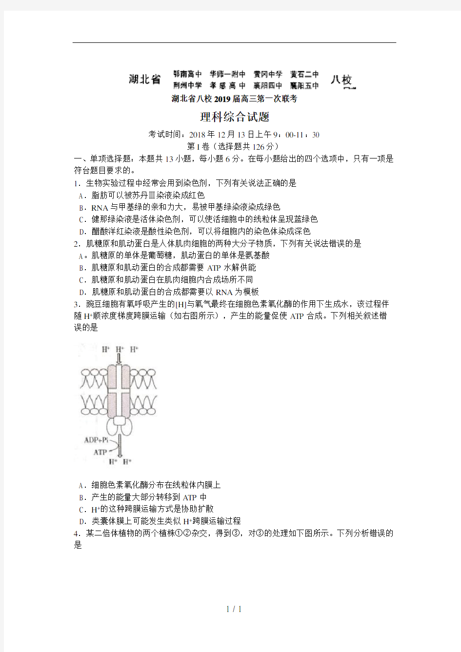 湖北省八校2019届高三第一次联考理综生物(含答案)