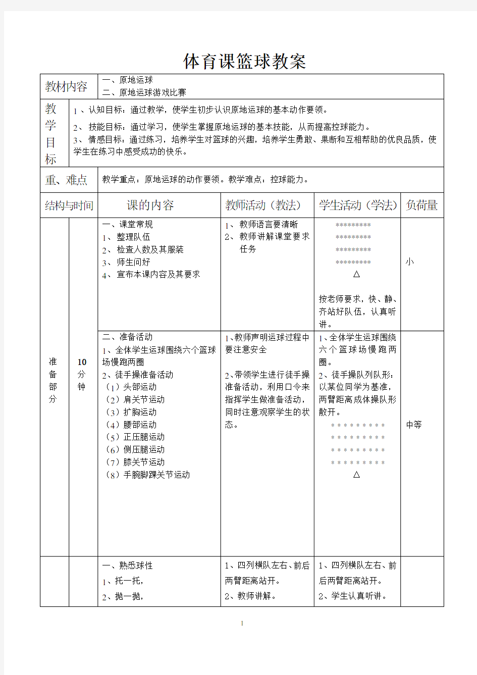 原地运球教案