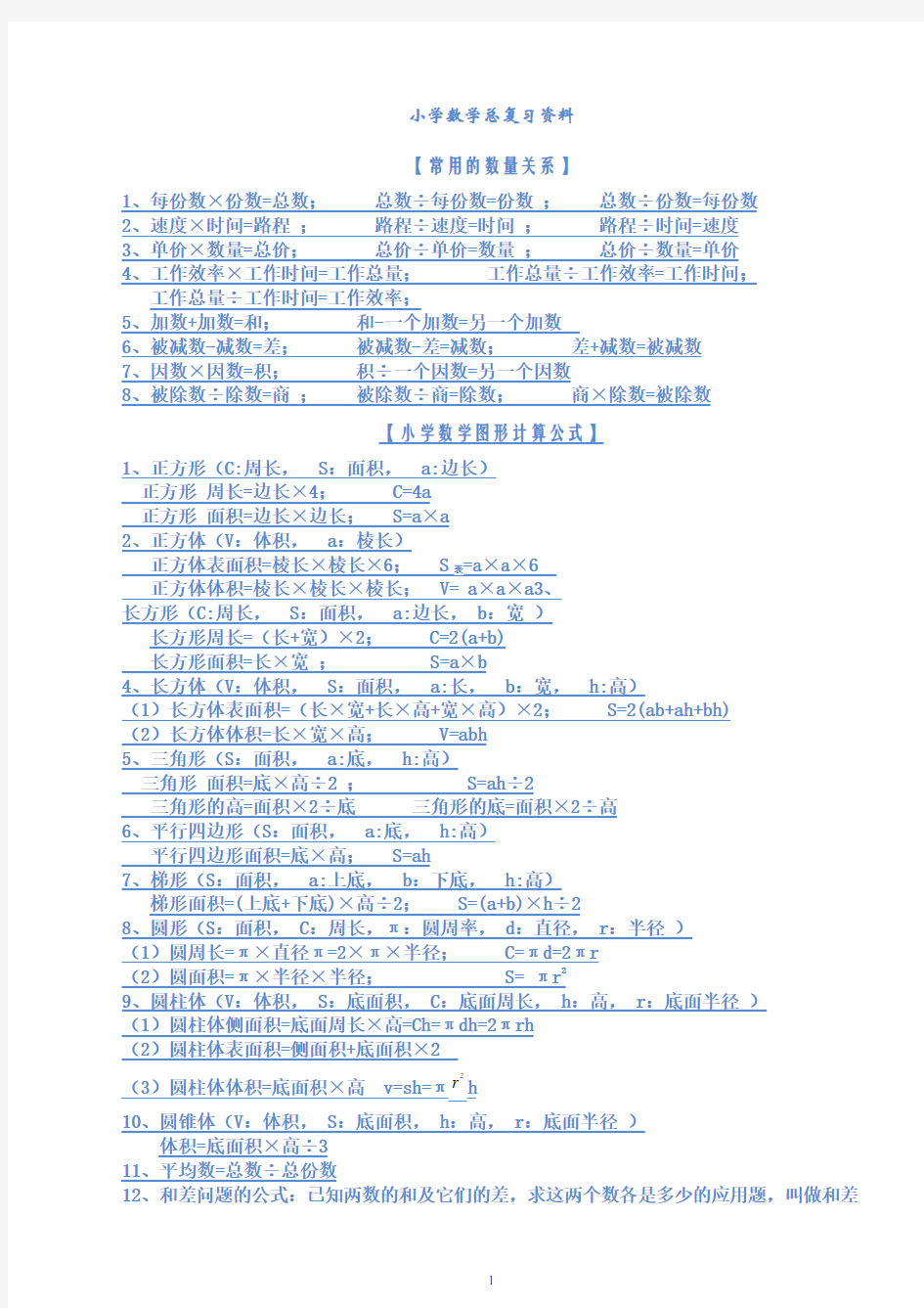 人教版小学六年级数学毕业总复习知识点概括归纳完整版