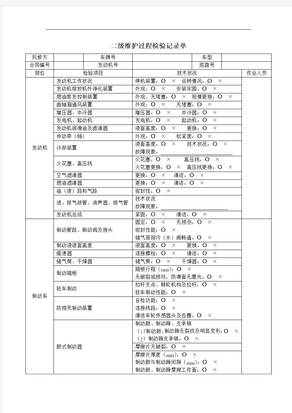 二级维护过程检验记录单