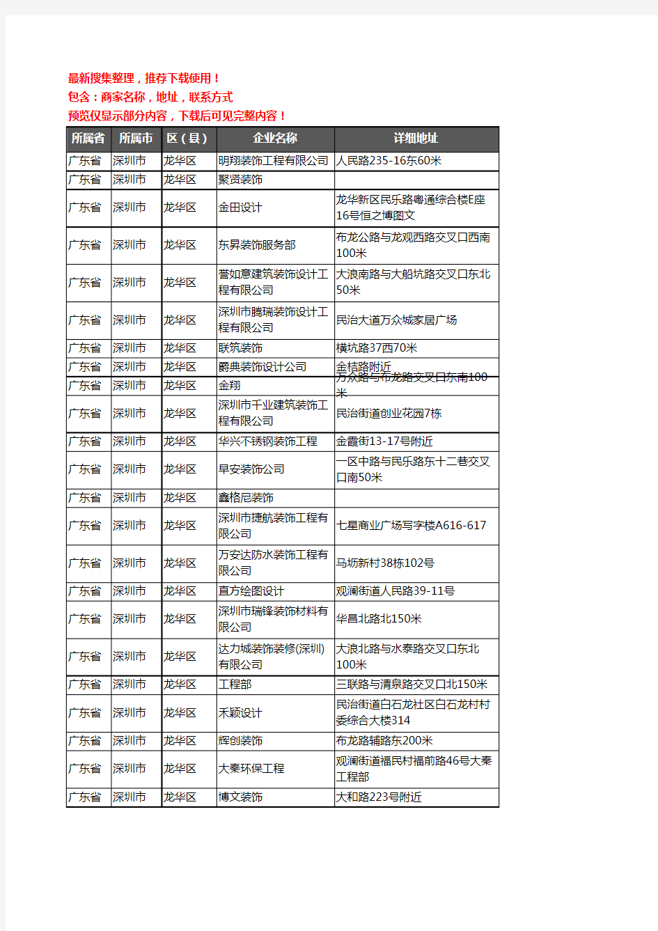 新版广东省深圳市龙华区装修公司企业公司商家户名录单联系方式地址大全391家