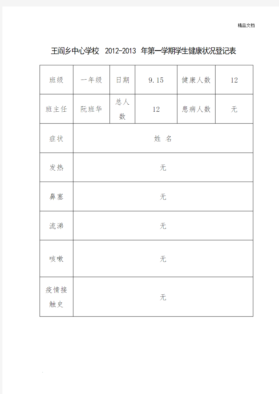 健康状况登记表