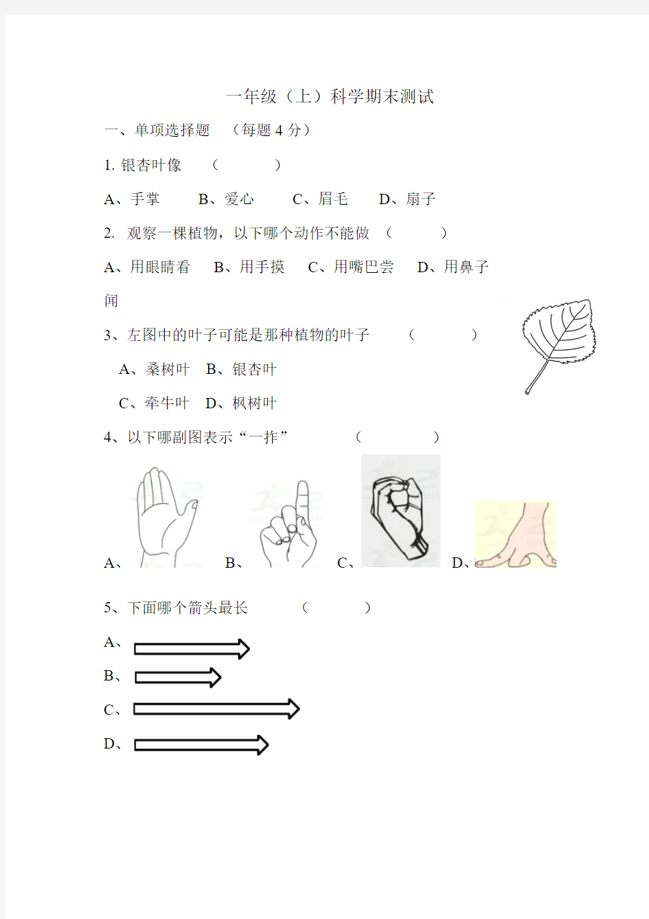 一年级上册科学试题-期末测试试卷教科版有答案