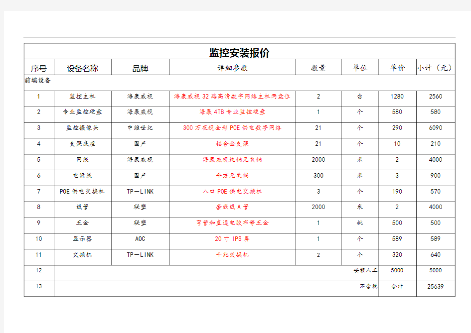 监控安装报价清单