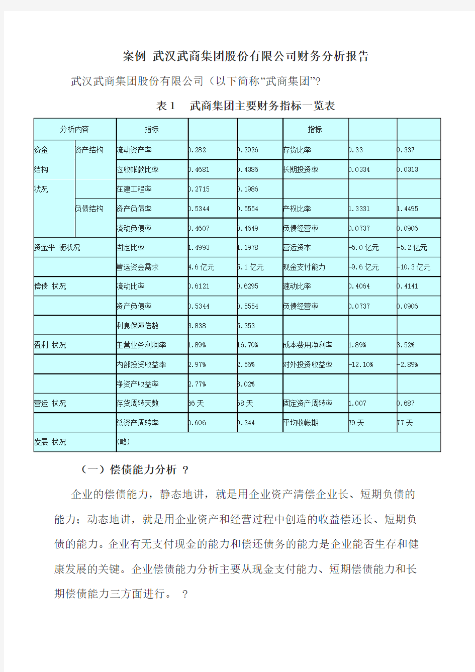 案例武汉武商集团股份有限公司财务分析案例