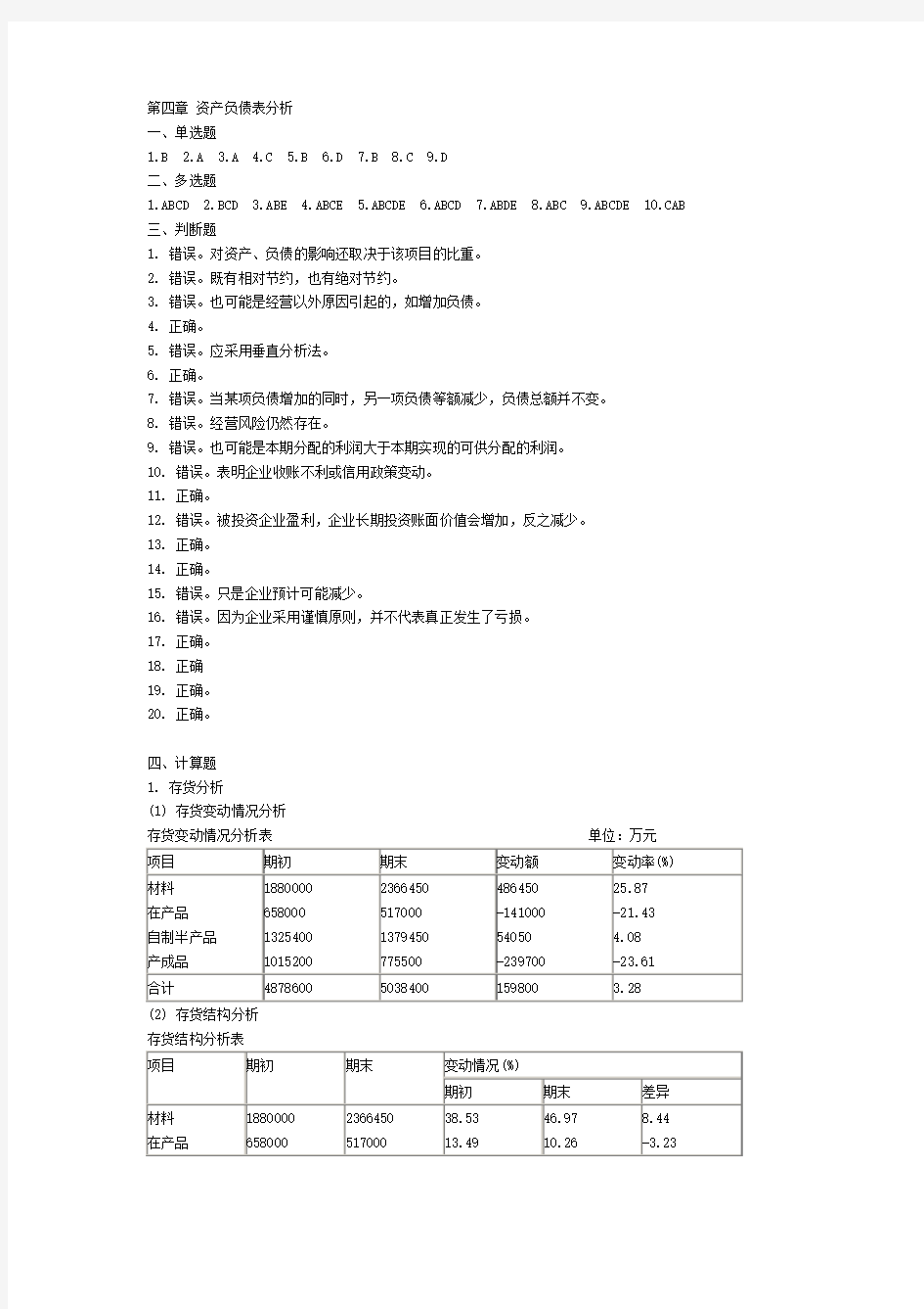 第4章--资产负债表分析习题答案(1)讲课讲稿