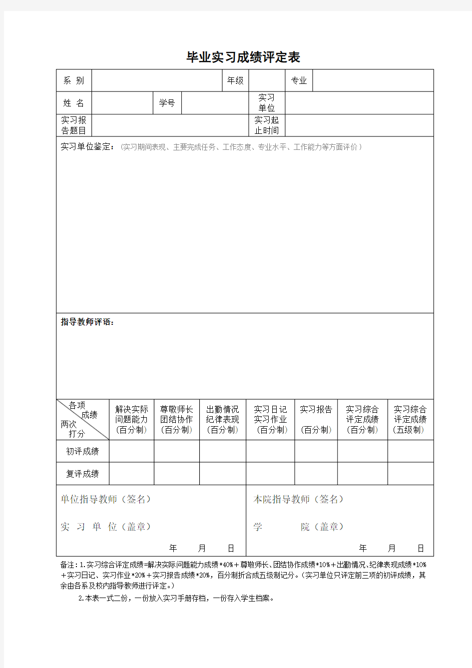 毕业实习成绩评定表