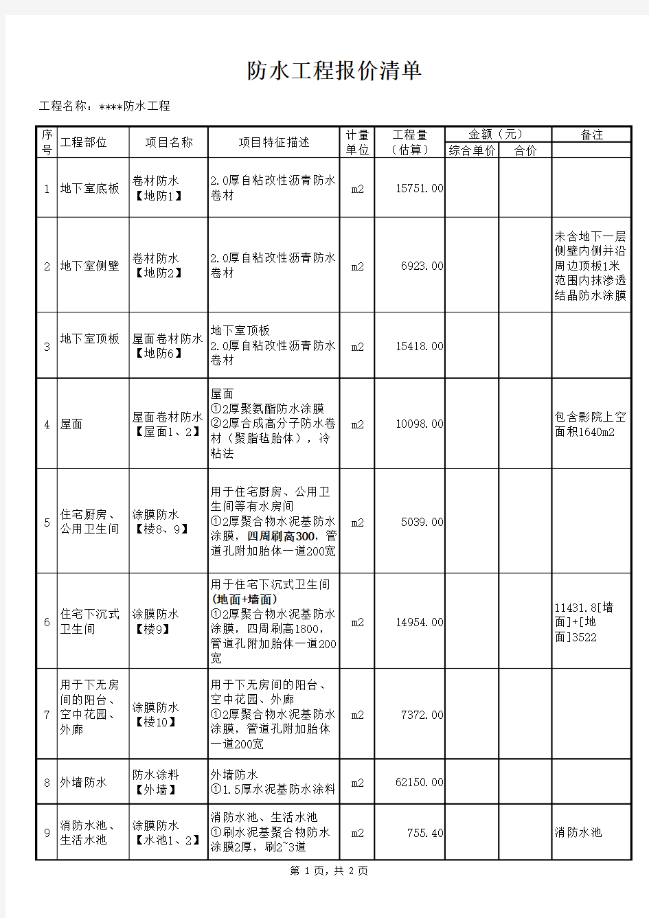 防水工程报价清单--