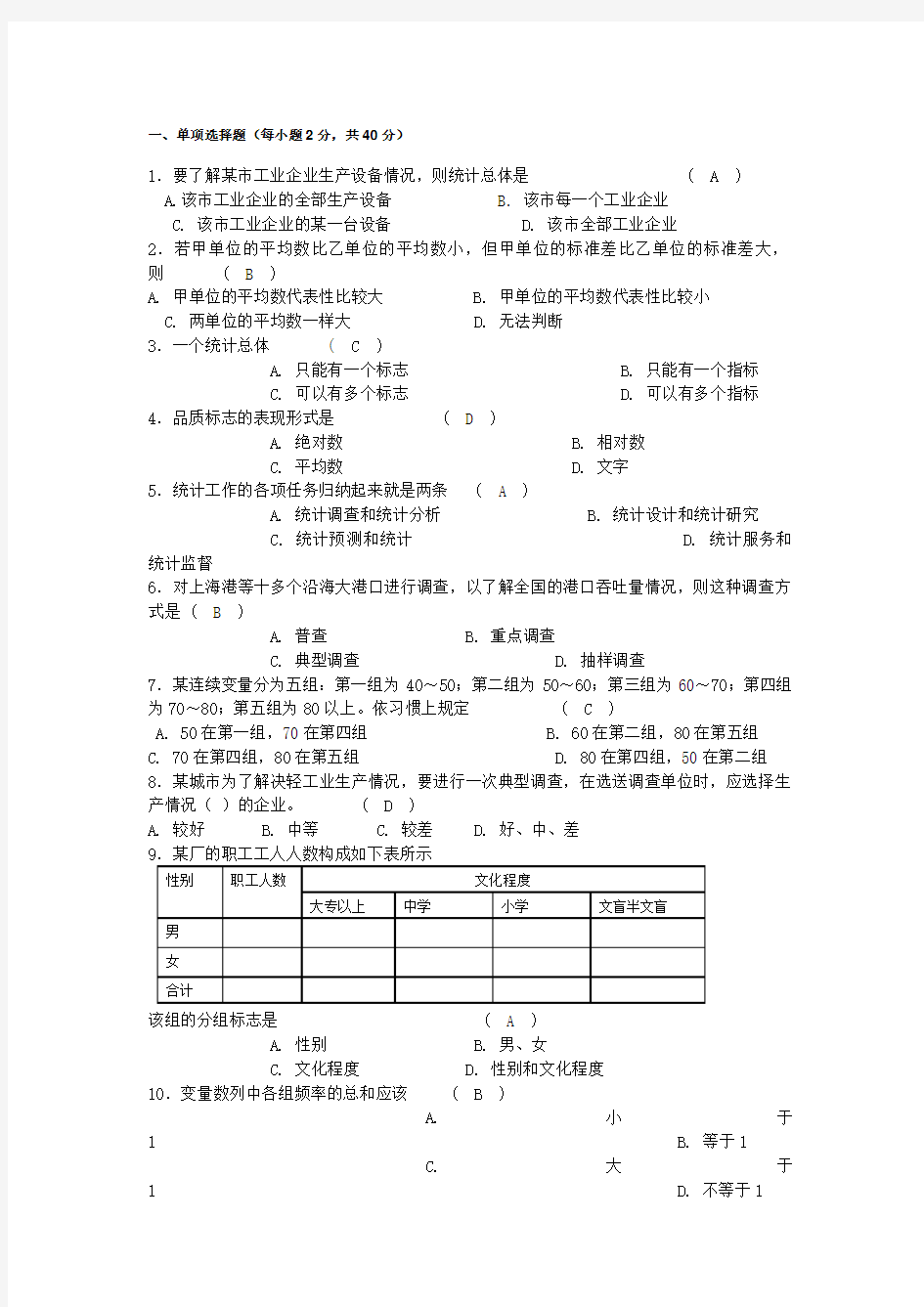 (精选)管理统计学试题及答案