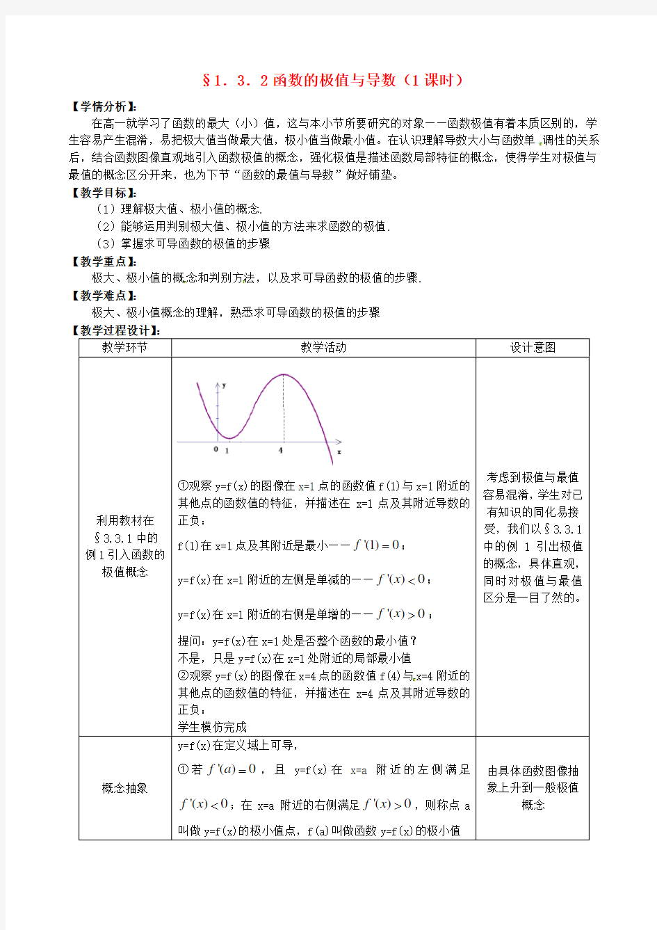 湖北省恩施巴东县第一高级中学高中数学 3.2 函数的极值与导数教案 新人教版选修1-1