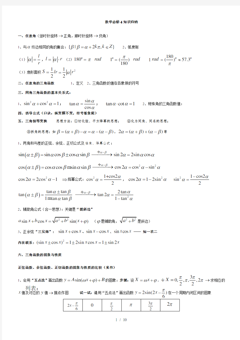 高中数学必修4知识归纳 典型试题