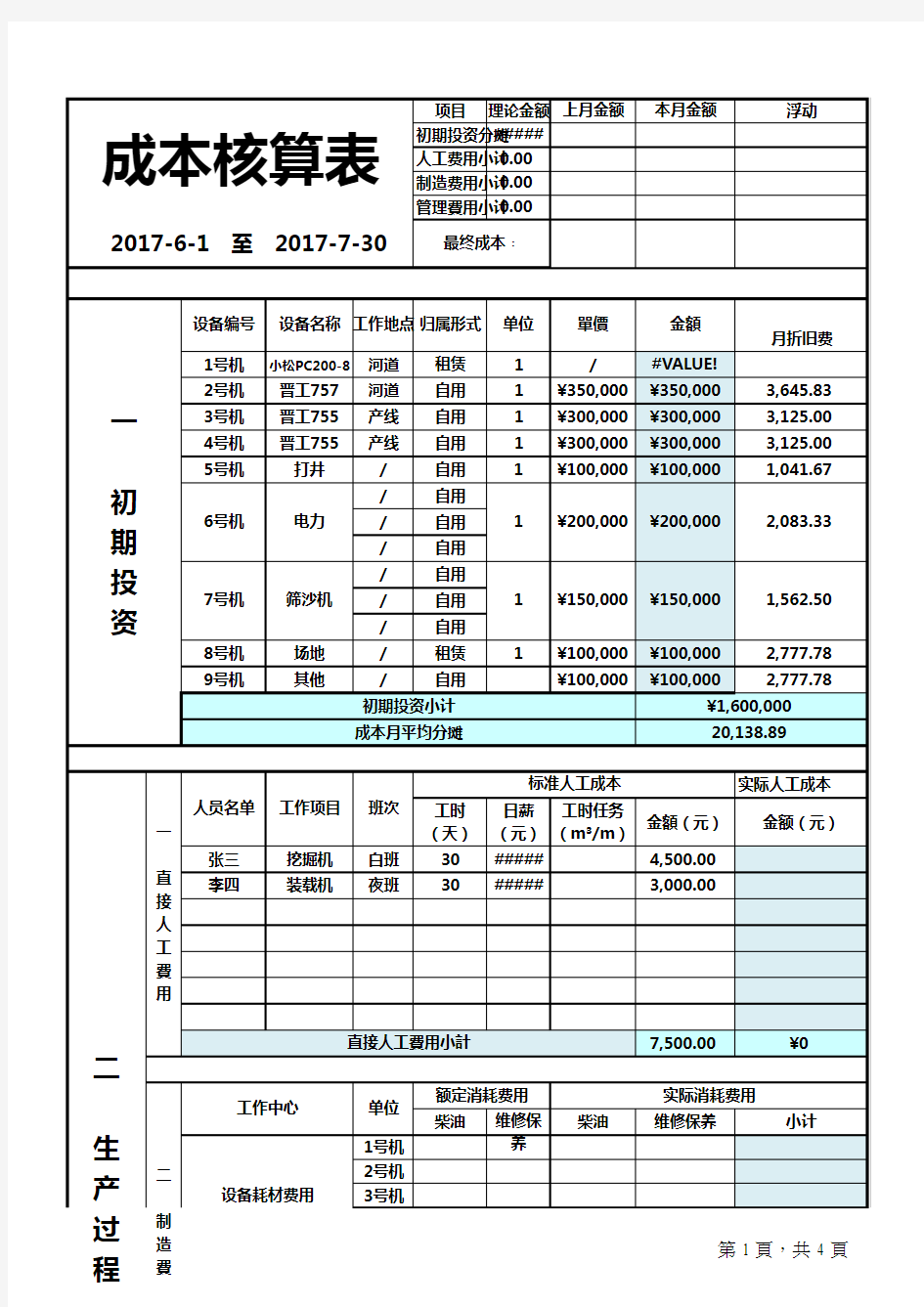 成本核算格式excel模版