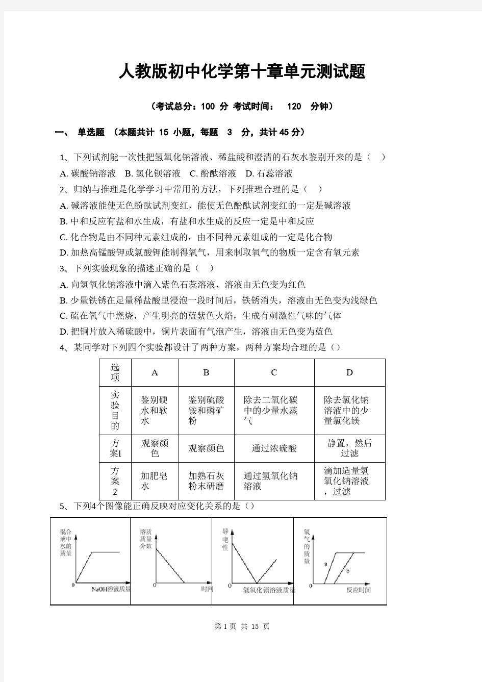 (完整版)人教版初中化学第十章单元测试题(含答案)