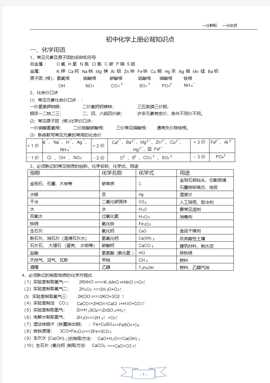 (完整版)初三化学上册必背知识点(精华)