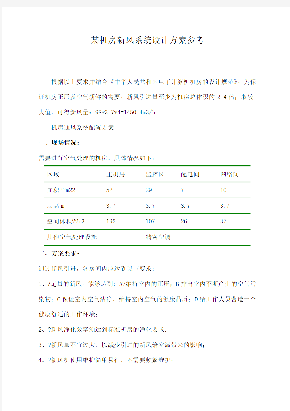 机房新风系统设计方案参考