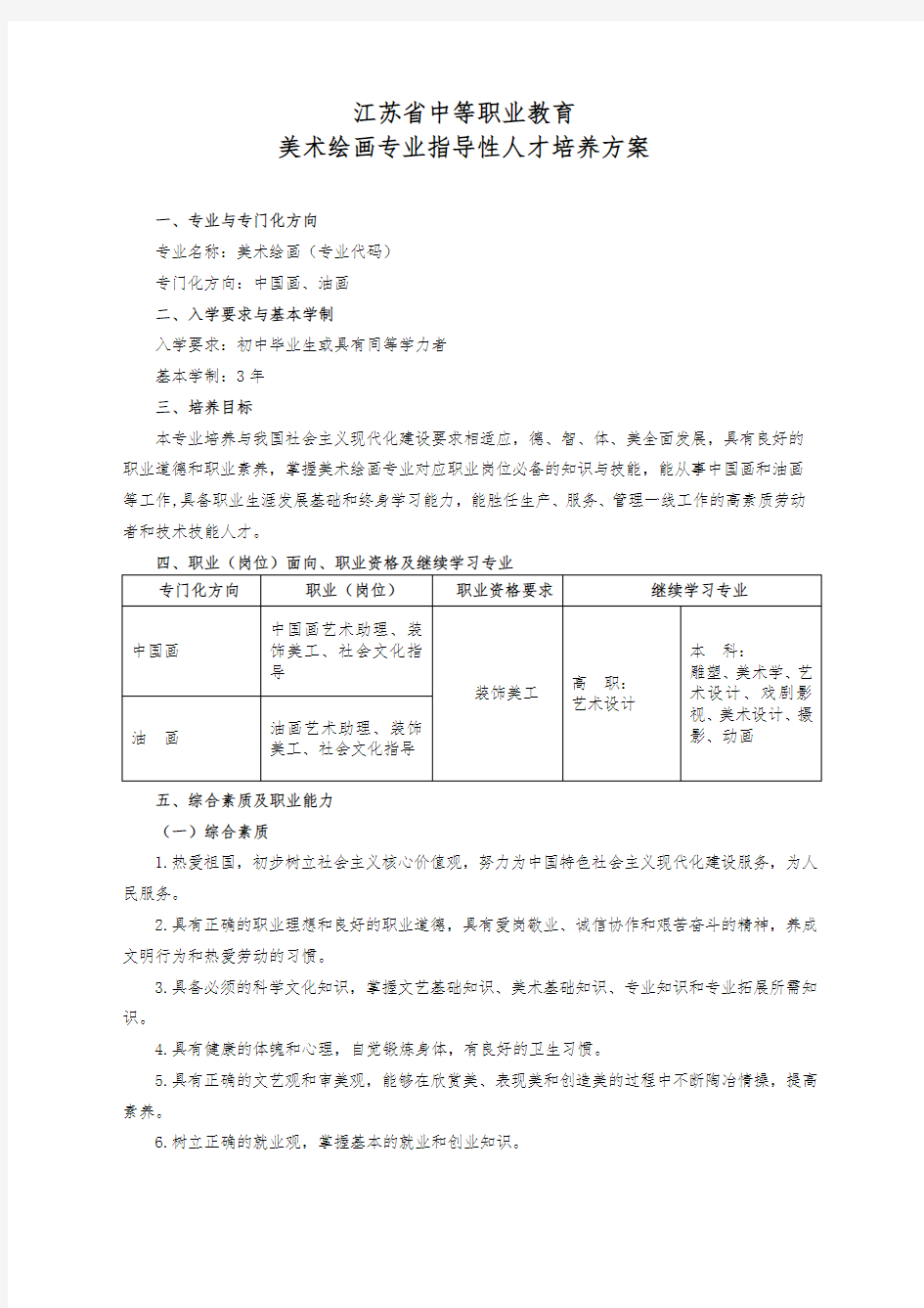 中等职业教育美术绘画专业指导性人才培养方案