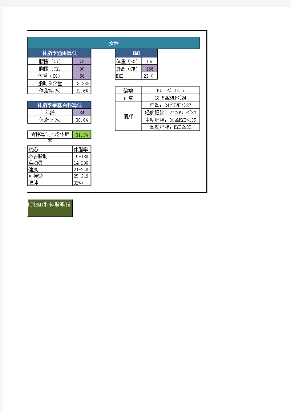 体脂率指数、BMI指数自动计算