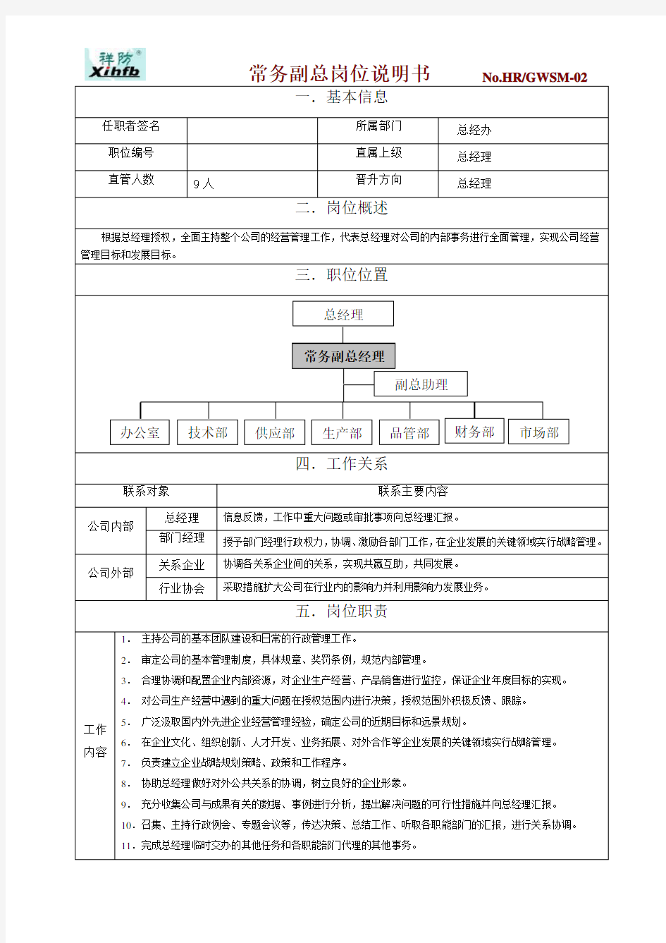 副总经理岗位职责范本