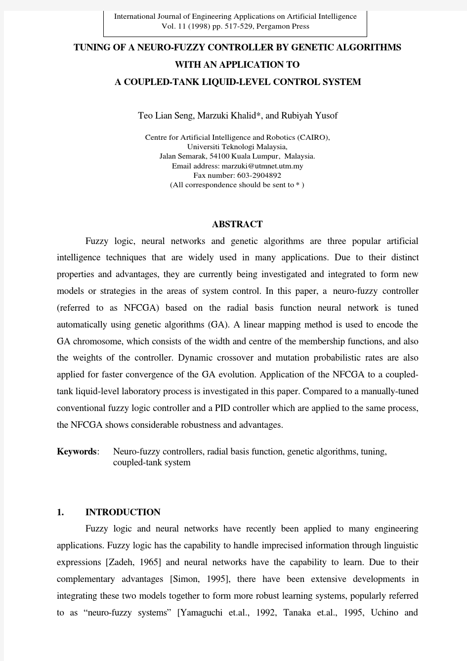 Tuning of a neuro-fuzzy controller by genetic algorithm