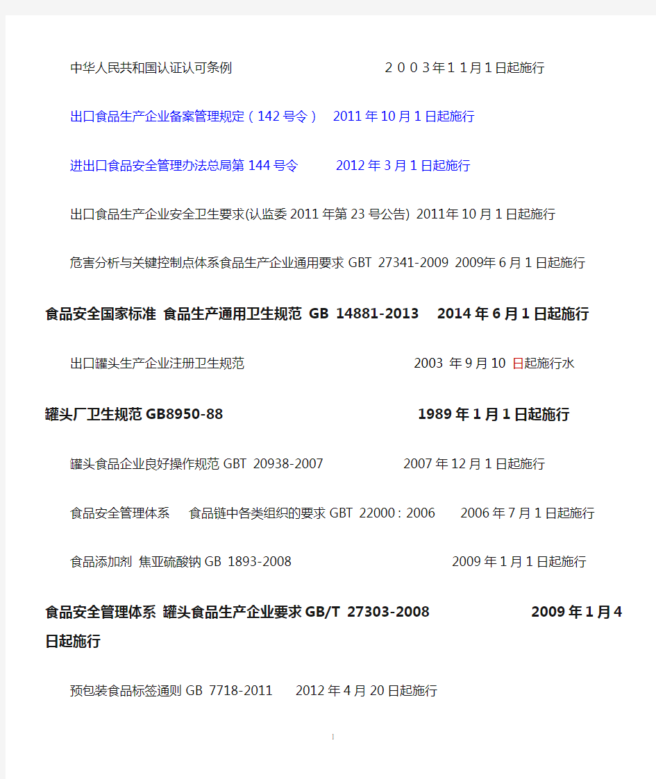 罐头法律法规清单(14.10.11)