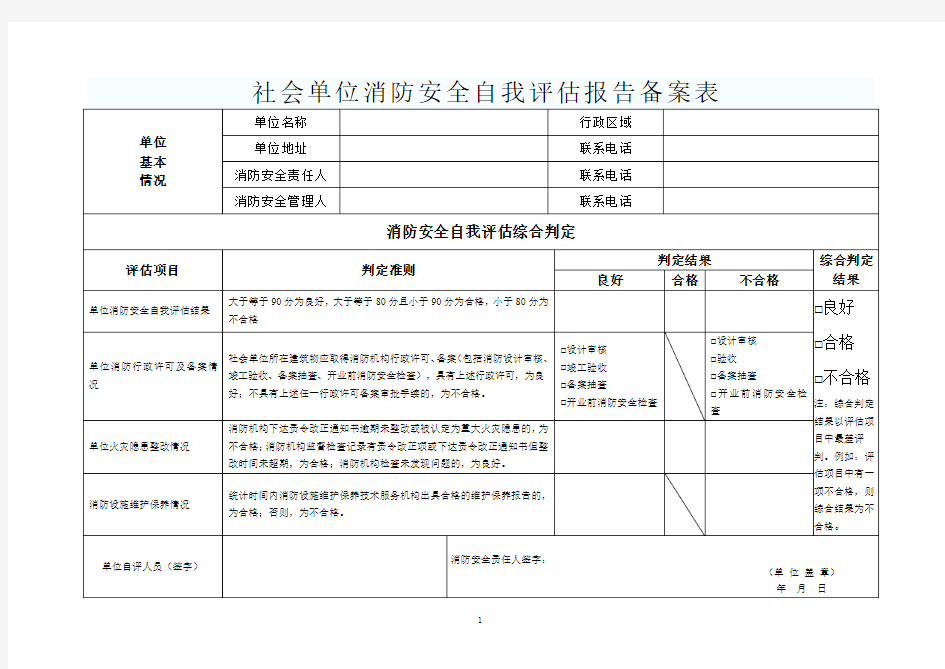 社会单位消防安全自我评估报告备案表