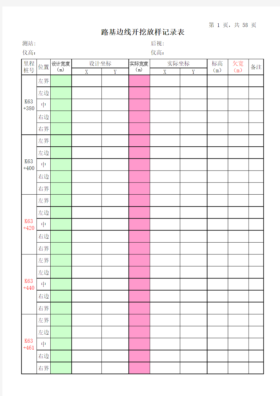 路基边线放样、横断面测量记录表(备用)