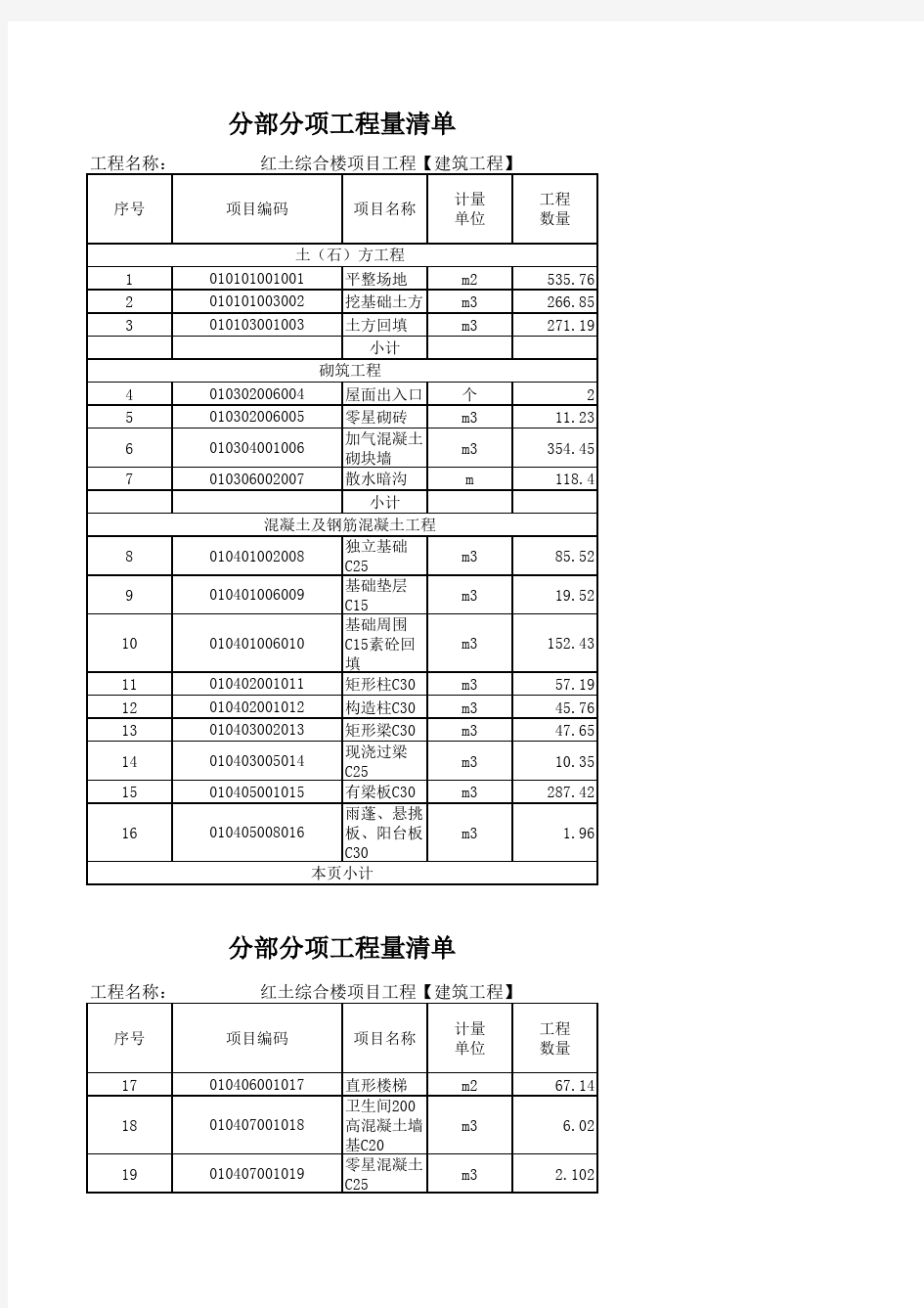 管理房工程量清单