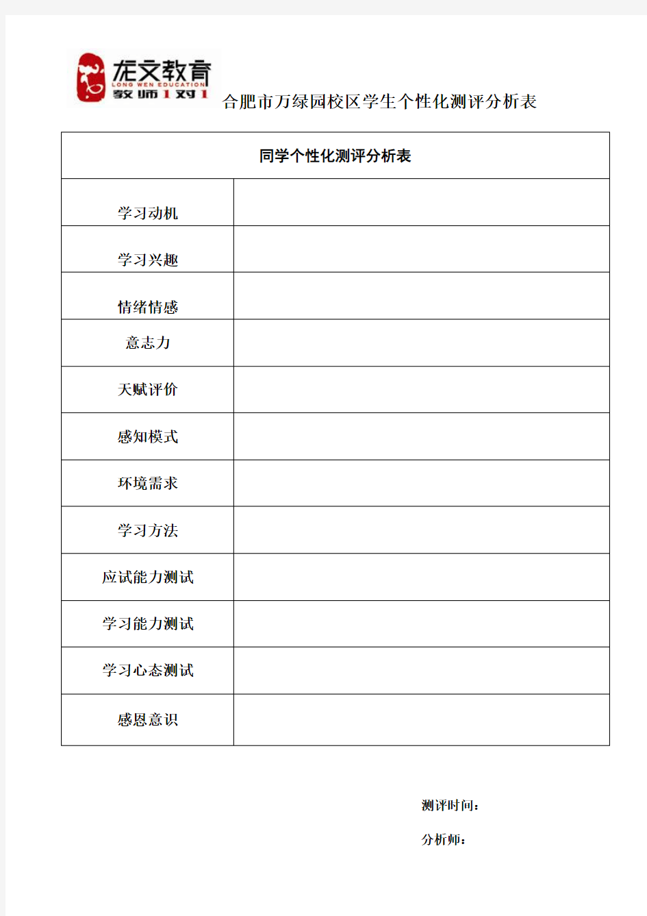 学生个性化测评分析表