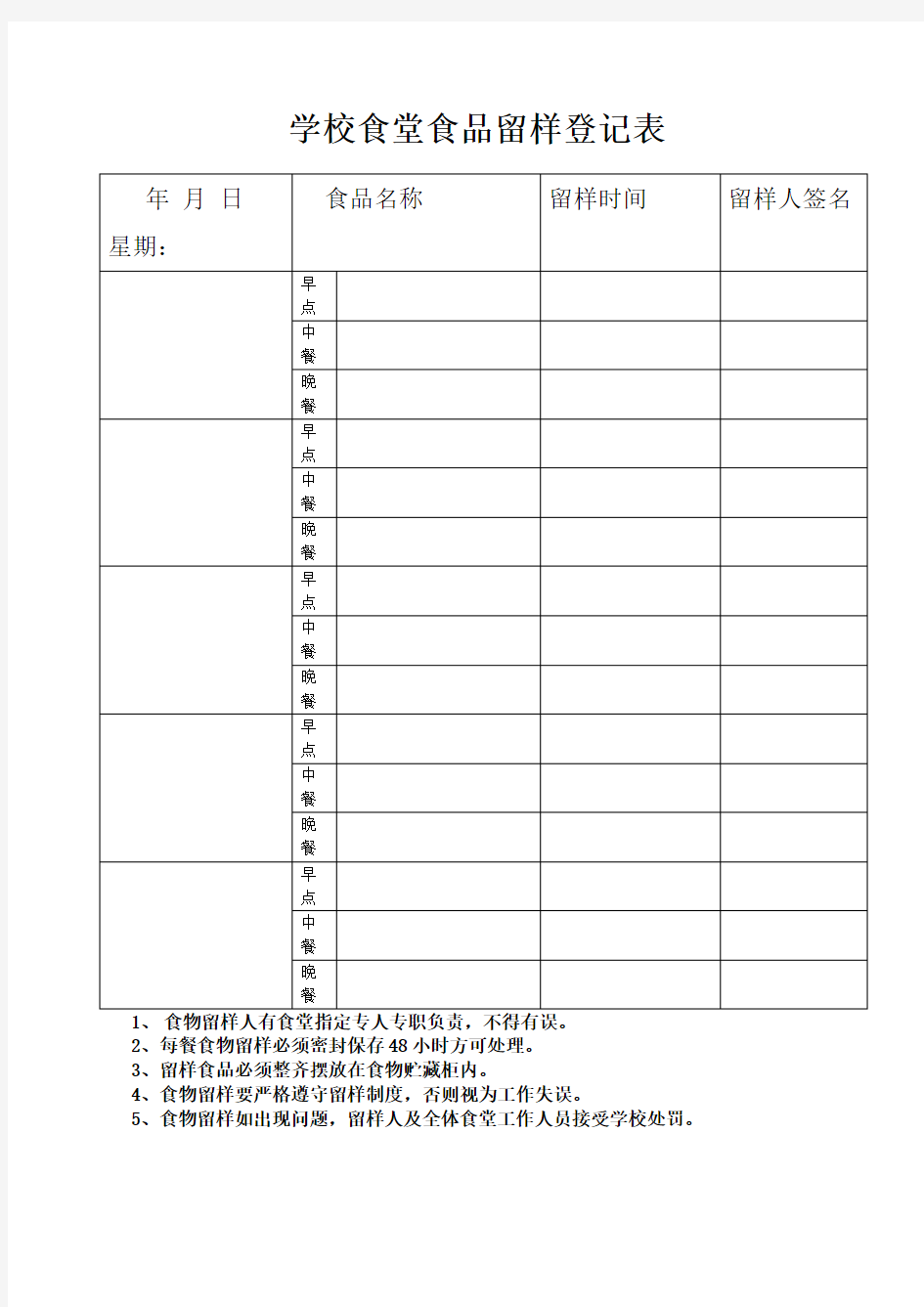 学校食堂食品留样登记表