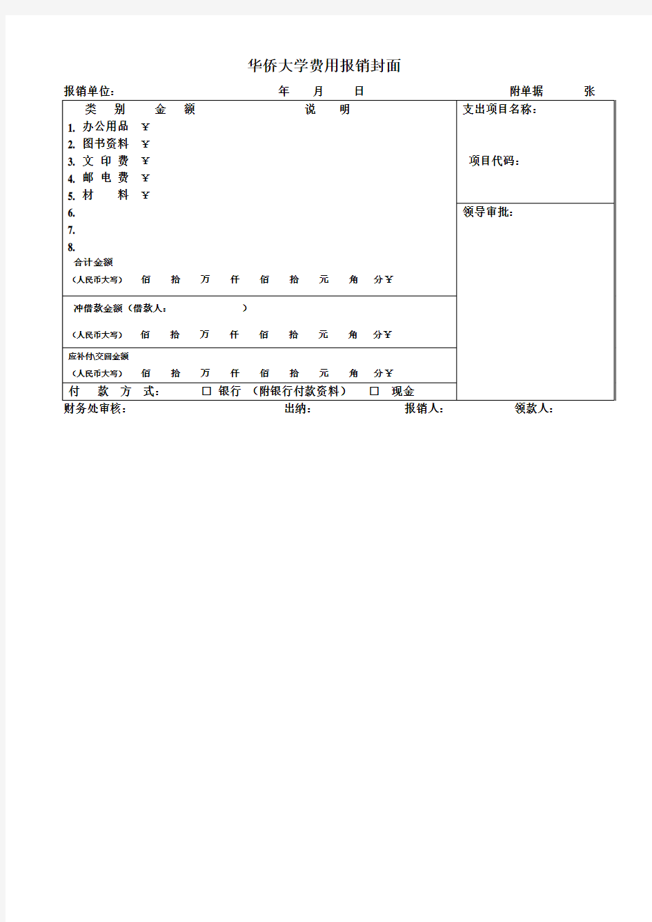 华侨大学费用报销封面