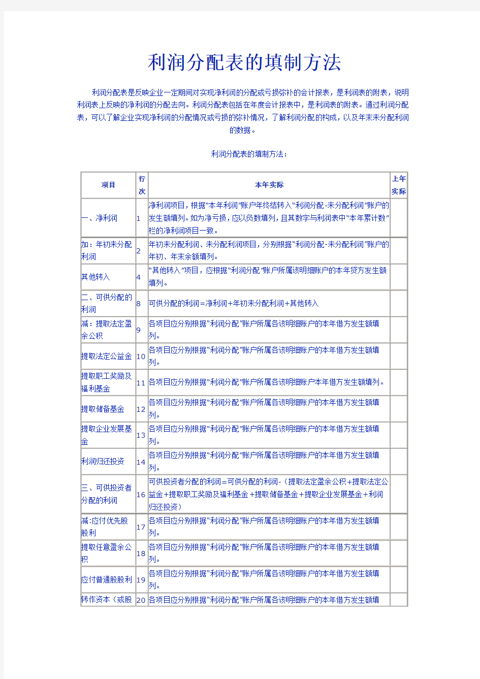 利润分配表的填制方法