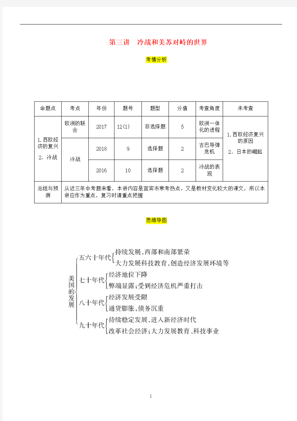 中考历史总复习考点速查 世界现代史 第三讲 冷战和美苏对峙的世界试题