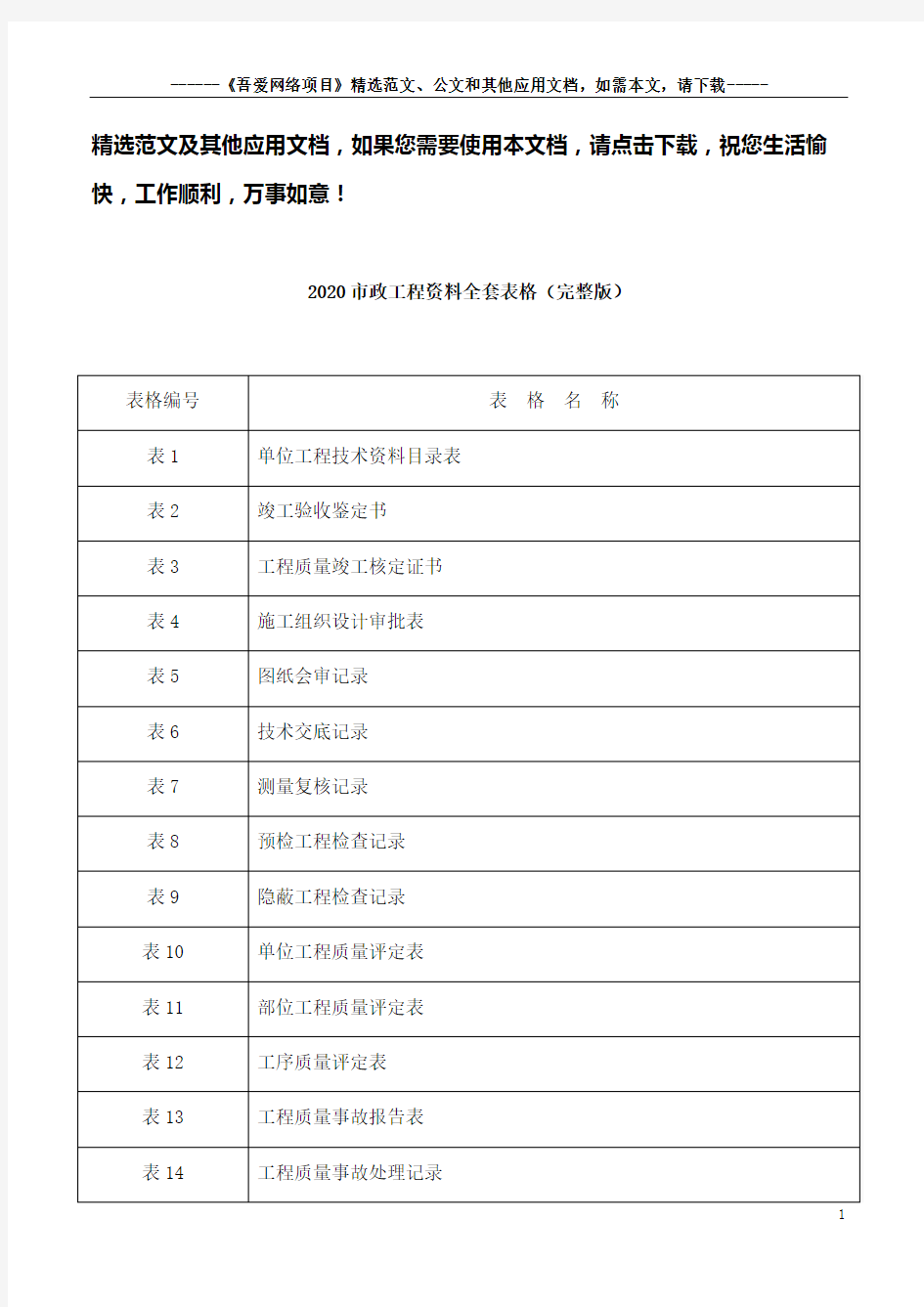 2020市政工程资料全套表格(完整版)