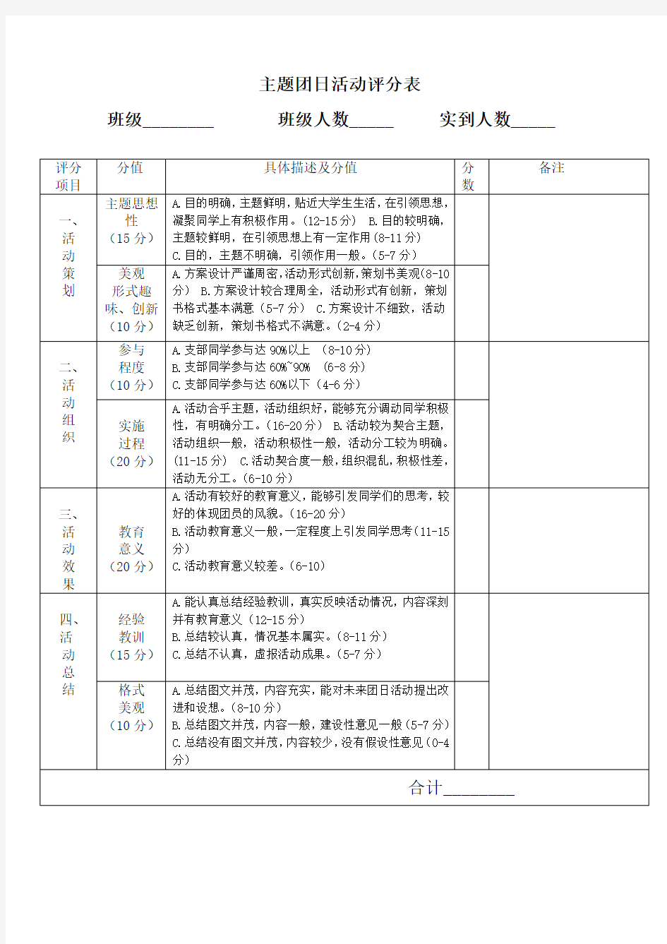 组织部主题团日活动评分表