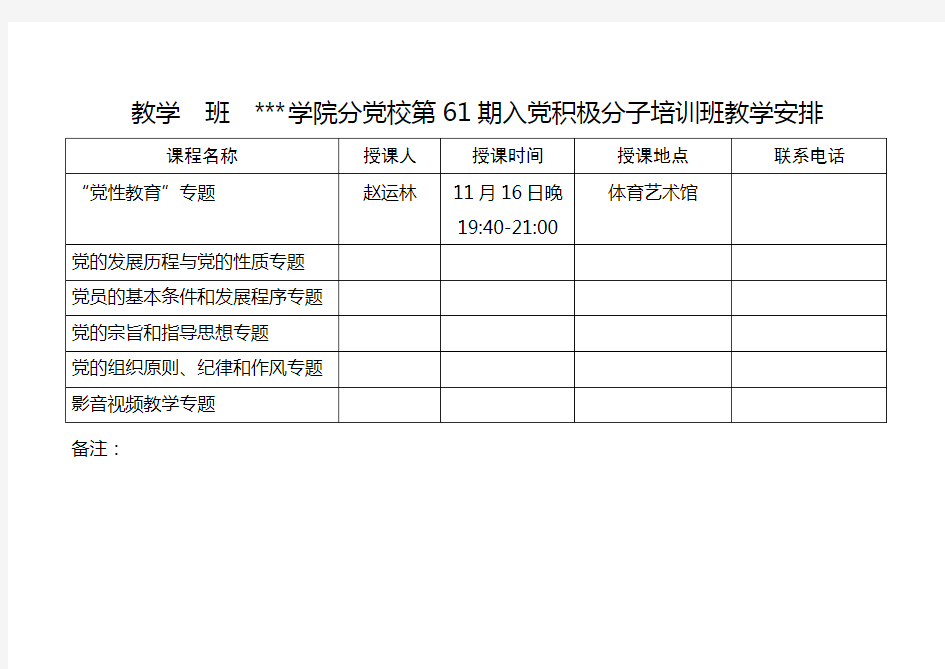 教学班学院分党校第61期入党积极分子培训班教学安排