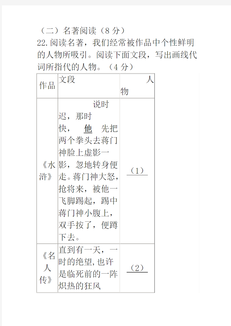 2017年天津市中考《名著阅读》