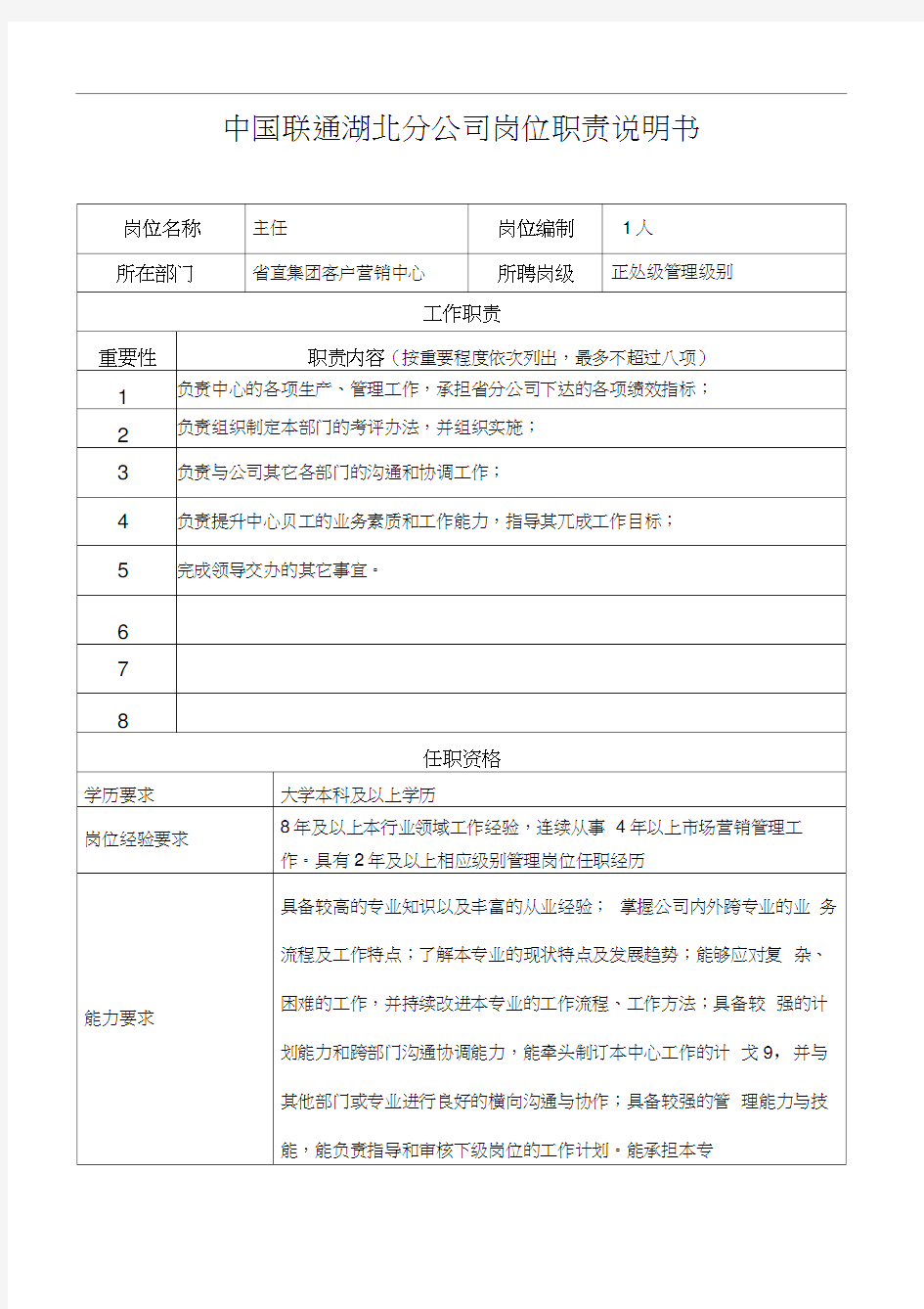 中国联通湖北分公司岗位职责说明书(1)