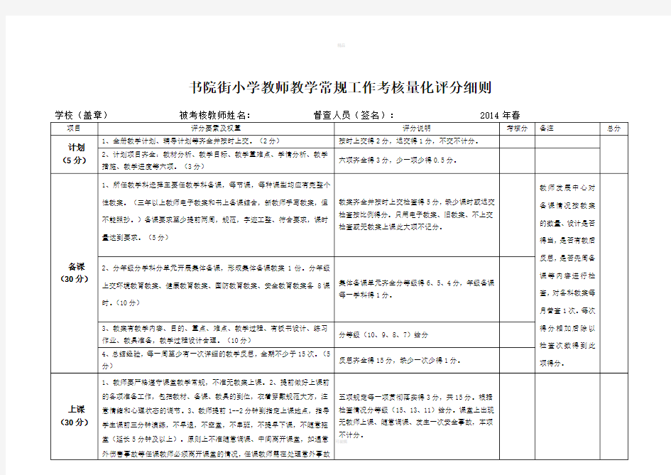 教师教学常规工作考核量化评分细则