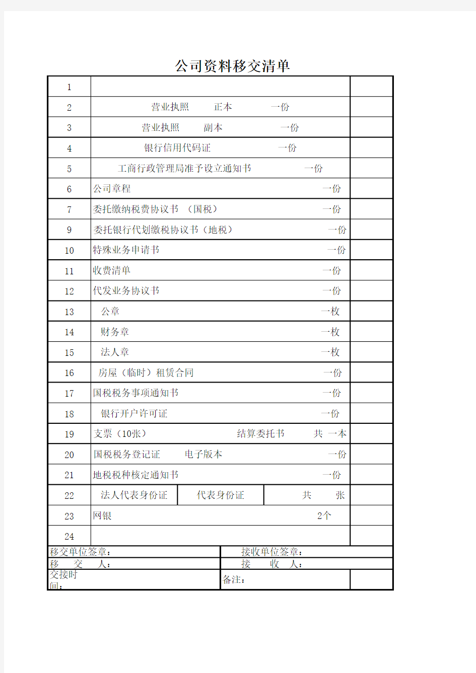 公司资料移交清单