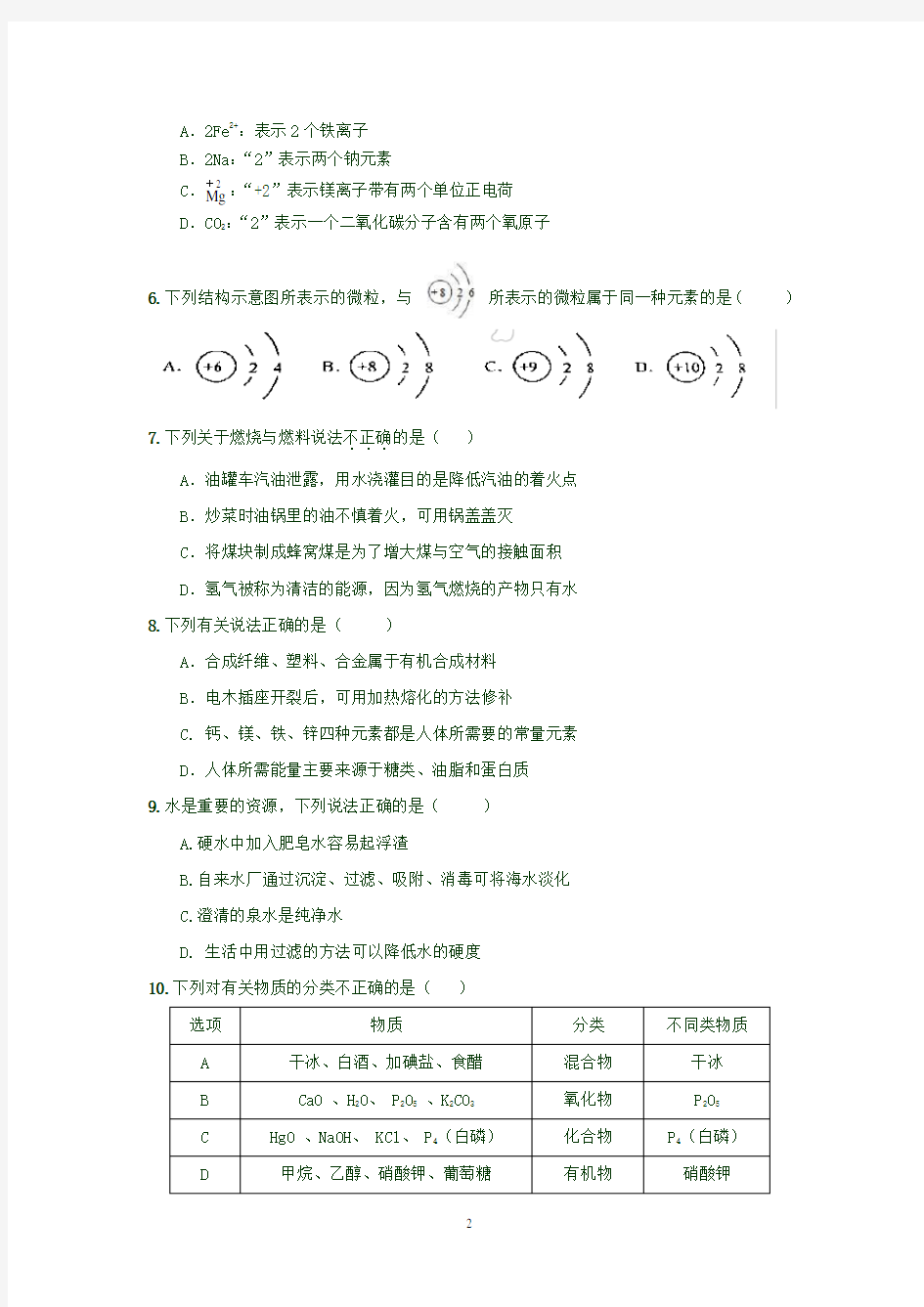 2020届中大附中初三化学