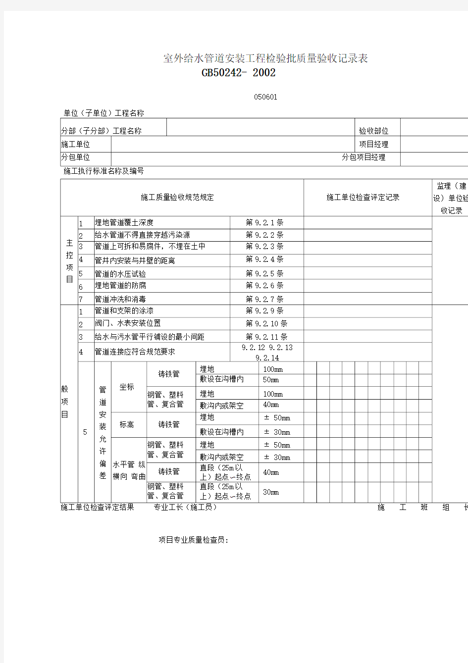 给水管道安装工程检验批质量验收记录表