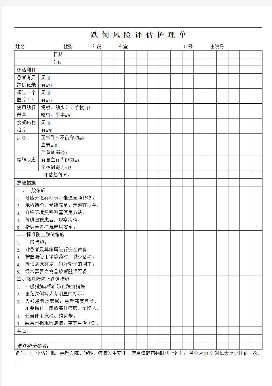 跌倒风险评估护理单