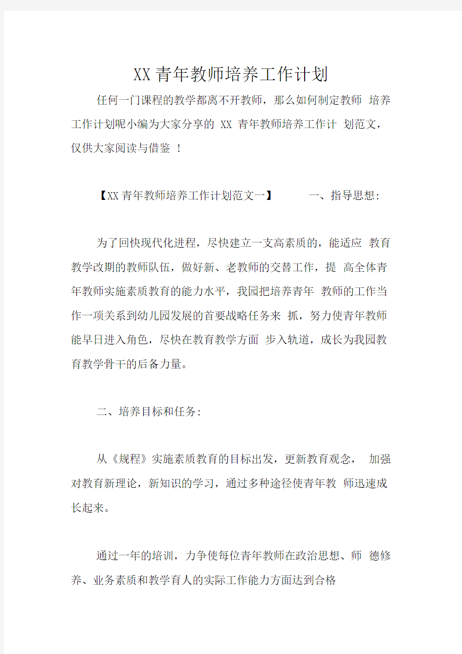 XX青年教师培养工作计划