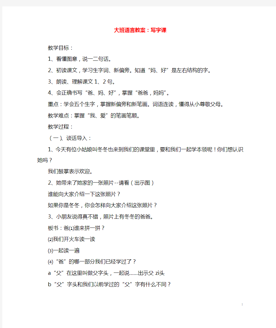 幼儿园学前教育大班语言教案写字课.doc