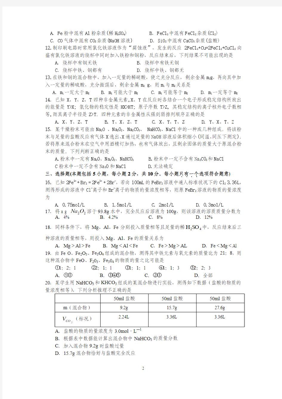 2014学年上海市洋泾中学高二第一学期化学(加一)期中考试试卷