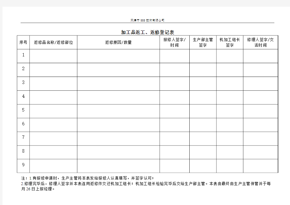 加工品返工、返修登记表